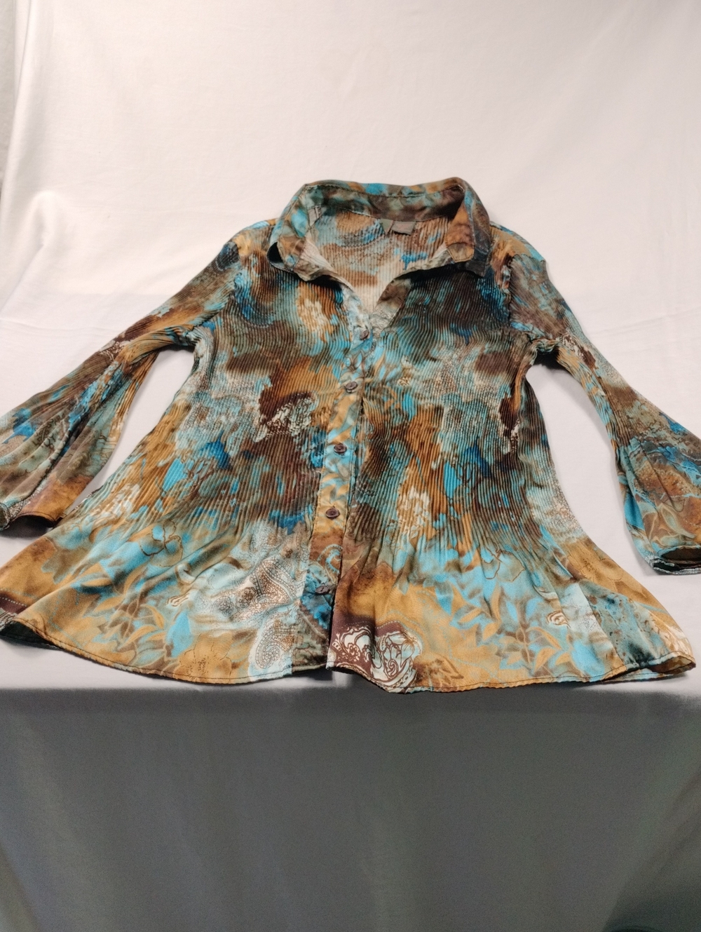 Serenade Women’s Button-Front Blouse in Teal and Brown Size 1X